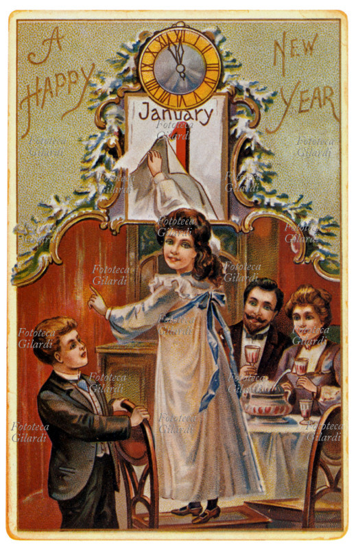 CAPODANNO Cartolina augurale per un Buon Nuovo Anno raffigurante una famiglia seduta a tavola in attesa dello scoccare della mezzanotte. Stati Uniti d\