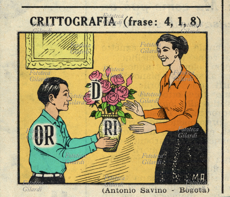 GIOCHI Crittografia (frase: 4,1,8) OR D RI . Gioco enigmistico firmato Antonio Savino - Bogotà, pubblicato sul settimanale illustrato "La Domenica del Corriere", Italia 1961
