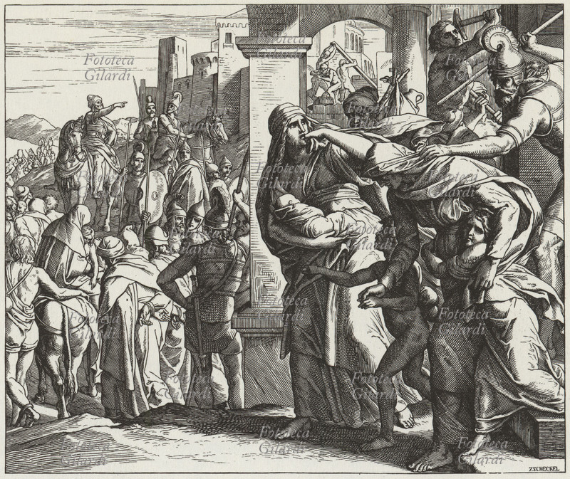 BIBBIA E nel diciannovesimo anno del re Nabucodonosor re di Babilonia, Nebuzaradan capo (...) servitore del re di Babilonia, venne a Gerusalemme; ed egli bruciava la casa del Signore (...) e tutte le case. Le intere forze militari dei Caldei erano con Nebuzaradan, abbatterono le mura di Gerusalemme. Egli portò in esilio il resto del popolo che era stato lasciato nella città e i disertori che erano passati al re di Babilonia e il resto della folla. I Re, libro II, 25, 8-11. Incisione di Julius Schnorr von Carolsfeld (1794-1872) dalla sua Bibbia illustrata, Lipsia, 1852-1860