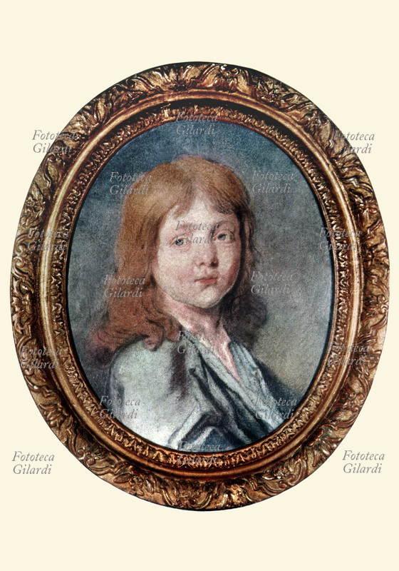 LUIGI XVII ultimo delfino di Francia. Figlio di Luigi XVI, ghigliottinato durante la rivoluzione francese. È visibile la cicatrice al labbro, che sarebbe rimasta in seguito al morso di un coniglio. Stampa da acquerello, datato presumibilmente 1789-1792, Francia XX secolo.