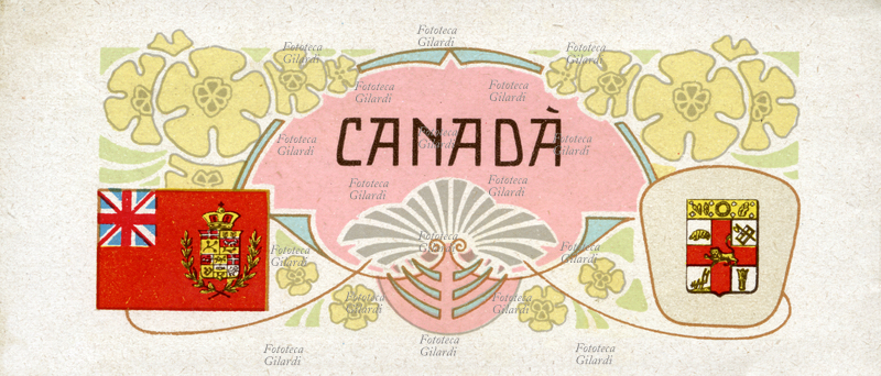 BANDIERA e stemma storici del Canada inseriti nella testata in stile floreale di una pagina di atlante illustrato promozionale Fernet Branca. Cromolitografia, Milano, primi anni del 1900
