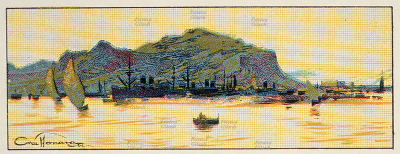 PALERMO raffigurazione simbolica della città, vista dal mare al porto. Da una serie di 10 litografie a colori realizzate come promozionale per \