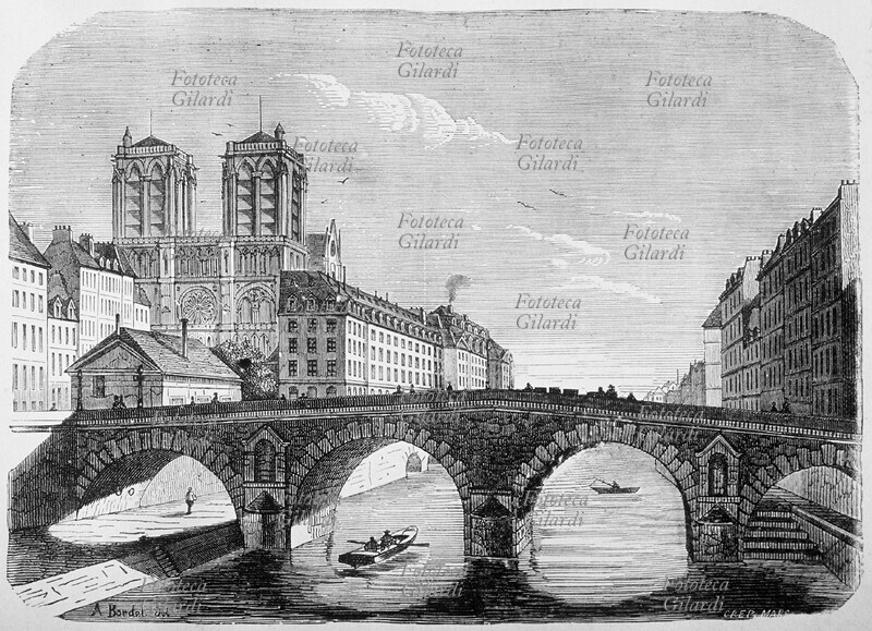 PARIGI 1500 Veduta del Ponte Saint-Michel. Incisione dal trattato storico \