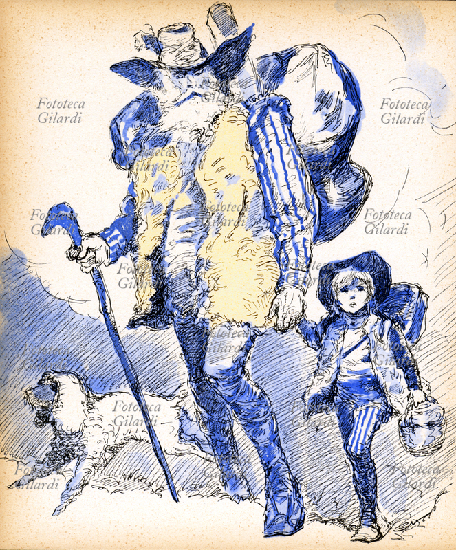 Hector MALOT (1830-1907), French writer. Illustration for "Without Family" (1878) novel that tells the story of Remi, a child with a mysterious past that need to be taken to the family and lives with the master Vitali in the environment of the musicians strolling Italians in Paris. Ed. Utet, New Golden Staircase, Italy 1958