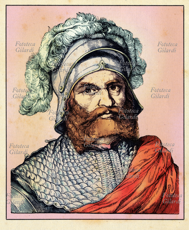 Georg von FRUNDSBERG (1473 - 1528) condottiero tedesco e comandante-riformatore dei lanzichenecchi al servizio della dinastia imperiale austriaca degli Asburgo. Ritratto, versione colorata di una incisione di Hugo Bürkner (1818-1897), Germania 1854