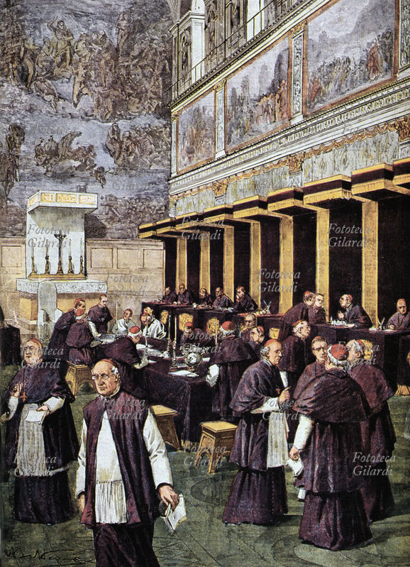 CHIESA "Il Conclave nella Cappella Sistina per la elezione del nuovo Pontefice"; nonostante il candidato favorito fosse il segretario di Stato Mariano Rampolla del Tindaro, costui non poté essere eletto a causa del veto posto dall\