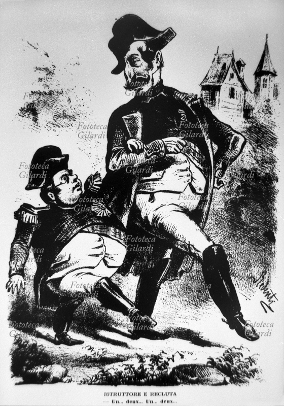RISORGIMENTO "Istruttore e recluta" caricatura che ironizza sull\