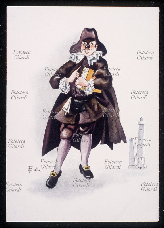DOTTOR BALANZONE maschera bolognese, creata da Lucio Burchiella da Bologna, nel XV secolo. Dietro di lui, appena accennate, le torri della Garisenda e degli Asinelli. Fotolitografia da acquarello di F. Giustina, Torino 1948 circa.