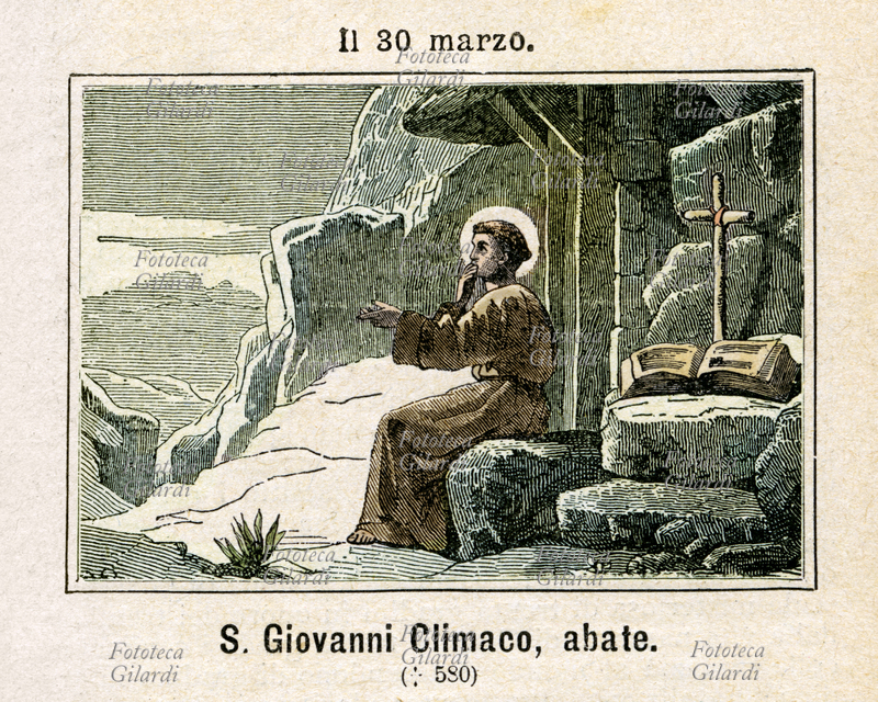 San GIOVANNI CLIMACO (575 circa - 650 circa), monaco siriaco del monastero del monte Sinai, poi eremita e dottore della Chiesa. Commemorazione il 30 marzo. Incisione colorata, Italia 1886