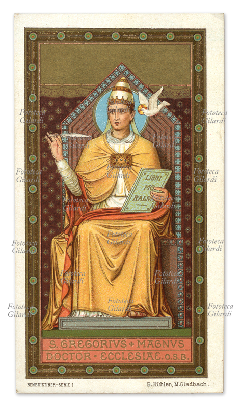 SAN GREGORIO MAGNO (540 circa -604) Dottore della Chiesa, illuminato dallo Spirito Santo. Immagine devozionale, cromolitografia. circa 1900