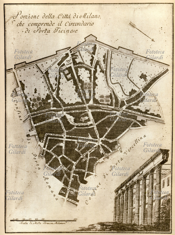 MILANO Porzione della Città di Milano che comprende il circondario di Porta Ticinese. Da una serie di sei tavole derivate da mappe catastali disegnate per il censimento di Maria Teresa, In basso il riferimento alla misura in scala: Mille braccia Milanesi. Tavola disegnata dal monaco Mauro Ferrari, 1784 circa