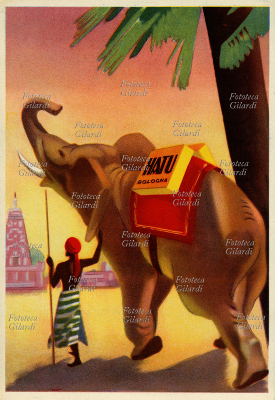 HATÙ pubblicità del celebre marchio di preservativi, dove è rappresentato un carico degli stessi trasportato in groppa a un elefante, forse diretto a portare conforto sanitario e morale alle truppe coloniali. Bologna, 1930 circa.