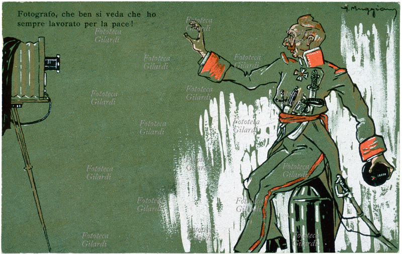 PRIMA GUERRA MONDIALE caricatura di Guglielmo II di Prussia e Germania: "Fotografo, che ben si veda che ho sempre lavorato per la pace!". Guglielmo di Hohenzollern (1859-1941) terzo e ultimo imperatore tedesco, nonché ultimo re di Prussia, a causa della sua politica estera è considerato fra i principali responsabili dello scoppio della prima guerra mondiale. Secondo i suoi contemporanei, fra i quali sir Winston Churchill, era caratterialmente un uomo vanesio e attento alle apparenze, desideroso di godere quantomeno di un\