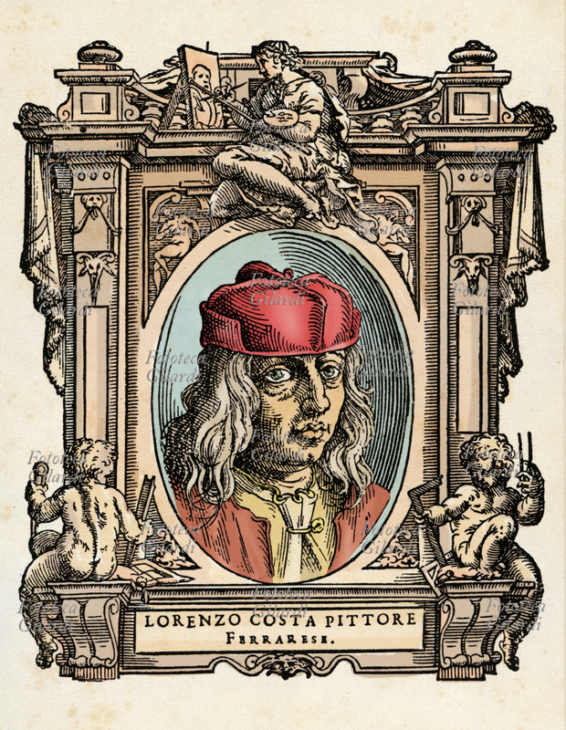LORENZO COSTA (1460 - 5 March 1535), known as the Elder to distract him from his homonymous granddaughter, Italian painter. The portrait in oval is enclosed in a frame decorated with allegorical figures and instruments of the arts. Colored illustration on a 16th century xylographic basis, from the treaty \