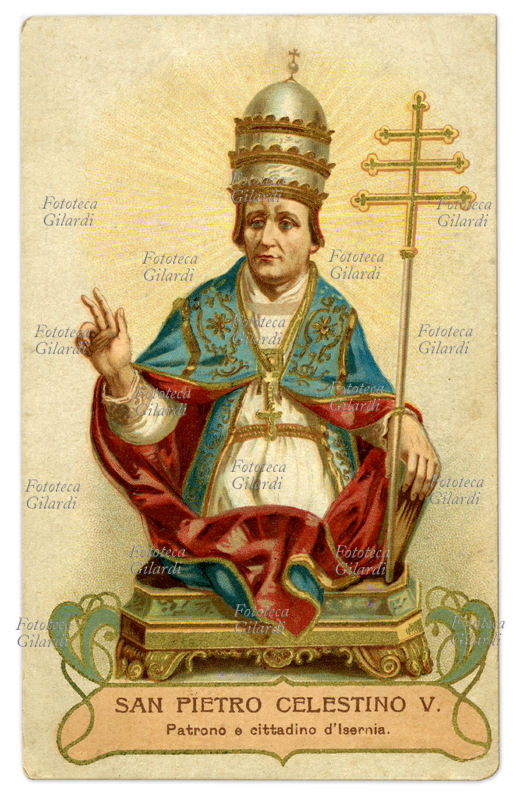 SAN PIETRO CELESTINO V (Pietro da Morrone, 1215 circa-1296) patrono di Isernia, papa Celestino V. Immaginetta cromolitografica che lo celebra patrono e cittadino d\