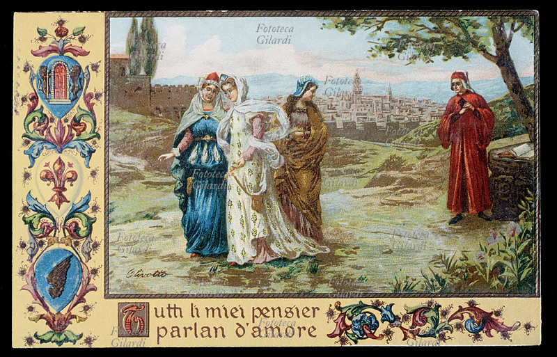 Dante Alighieri encounter of I add poet with Beatrice: the young person is along with two contemporarys and Dante looks to them from afar. The scene is framed and decorated with fregi by miniato code and a its complete back the composition: “All them mine pensier/parlan of love”. Cromolitografia di Olivotto, Florence 1921.