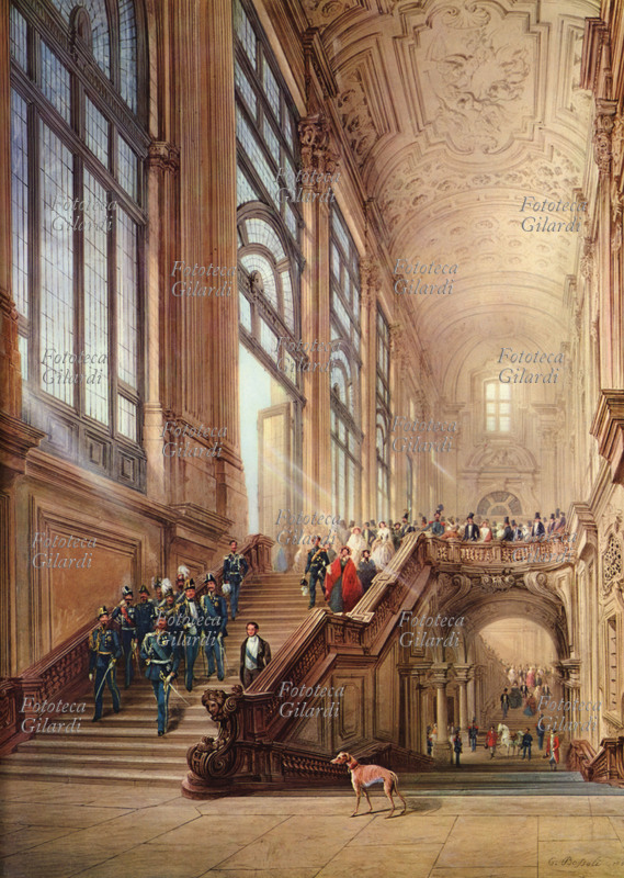 RISORGIMENTO Re Vittorio Emanuele II accompagnato dal Conte Camillo Benso di Cavour e dalla Corte, scende lo scalone a Palazzo Madama dopo l\