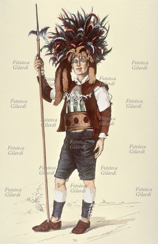 MERANO (Bolzano) Sud Tirolo. Saltario, costume tradizionale maschile. Negli antichi comuni rurali il saltario era una guardia incaricata della sorveglianza di territori, boschi ecc. Tavola n. 39 da \