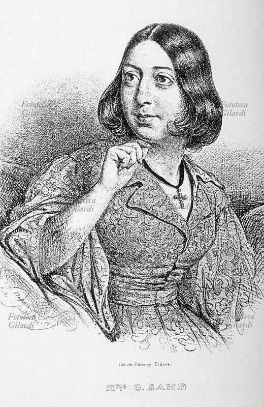 GEORGE SAND (Aurore Dupin, 1 luglio 1804 - 8 giugno 1876), scrittrice, drammaturga e giornalista del romanticismo francese nota con lo pseudonimo maschile che utilizzò dal 1831 per firmare tutte le sue opere, dissimulando talvolta anche le sue fattezze femminili con abiti maschili per poter circolare più liberamente per Parigi, fumando la pipa e accedendo a luoghi in cui a una donna del suo rango sarebbe stato vietato l\