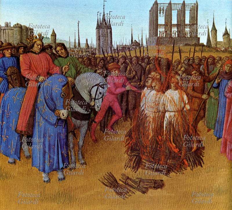 ERETICI Rogo di eretici albigesi alla presenza di re Filippo II Augusto (1165-1223), re di Francia della dinastia dei Capetingi dal 1180 al 1223. Miniatura tratta da un manoscritto francese del XV secolo