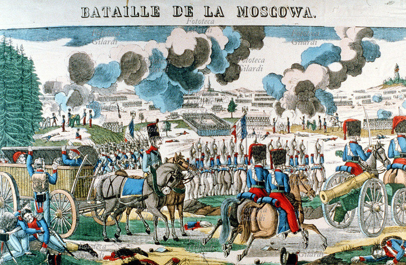 NAPOLEONE BONAPARTE (15 agosto 1769 – 5 maggio 1821) alla battaglia della Moscova, detta anche di Borodinò, combattuta il 7 settembre 1812. Xilografia coeva, colorata manualmente, Francia XIX secolo.
