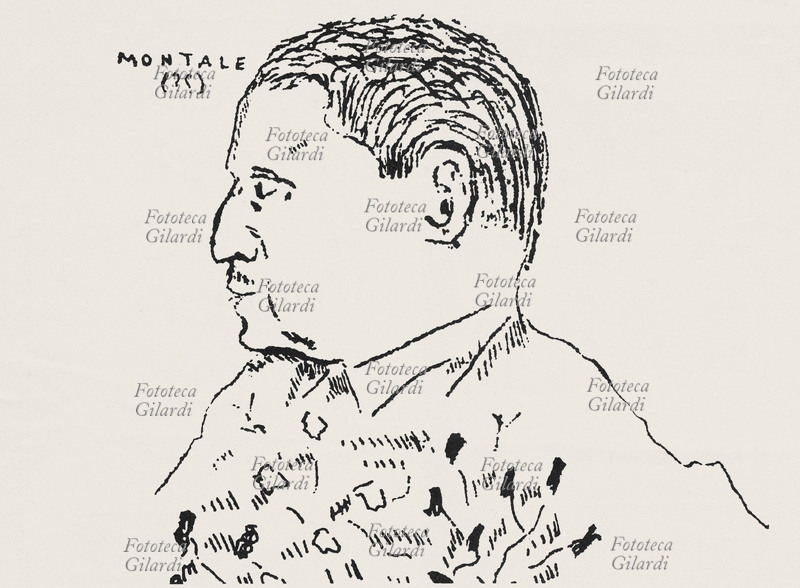 Eugenio MONTALE (12 ottobre 1896 – 12 settembre 1981) in un suo disegno autoritratto. Il poeta aveva forse dei dubbi sulla rassomiglianza per cui ha segnato fra parentesi due prudenziali punti interrogativi. Tratto da una edizione storica nella raccolta \