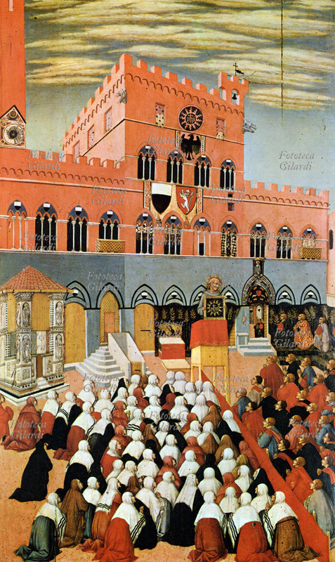 SAN BERNARDINO (1380-1444) predica in piazza del Campo a Siena, dinnanzi al Palazzo Comunale. Dipinto su tavola di Sano di Pietro, anteriore al 1444, che illustra una delle due celebri predicazioni tenute da San Bernardino a Siena nel 1425