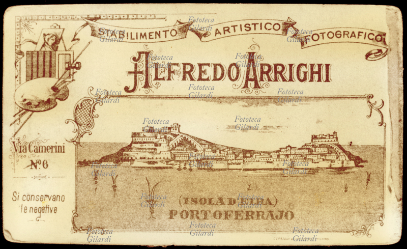 STORIA DELLA FOTOGRAFIA cartoncino carte de visite dello Stabilimento Artistico Fotografico Alfredo Arrighi di, Portoferrrajo all\