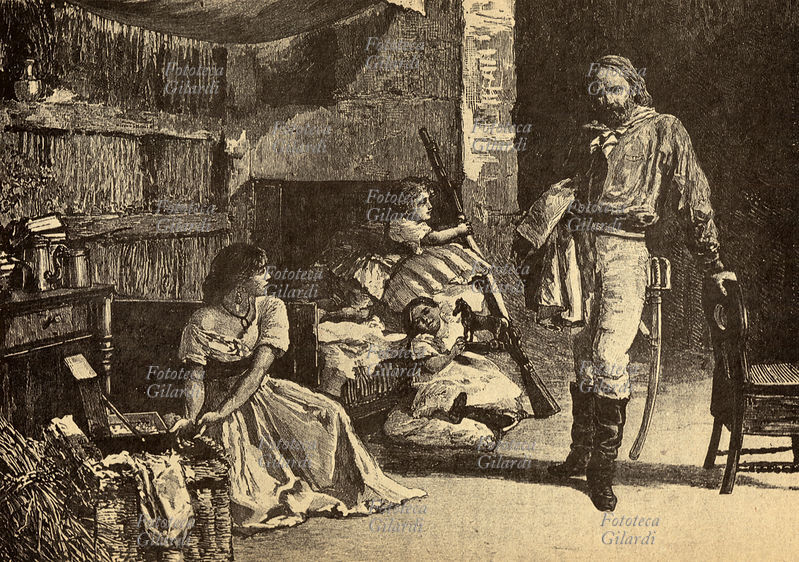 Giuseppe GARIBALDI (1807-1882) Scena familiare con Giuseppe Garibaldi, Anita (Ana Maria de Jesus Ribeiro) e i bambini a Montevideo in Uruguay. Stampa ottocentesca, su disegno di Matania.
