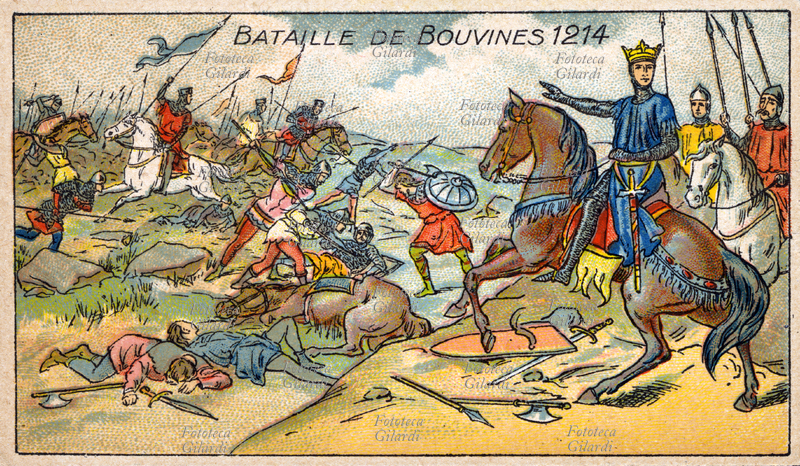FILIPPO AUGUSTO (Filippo II di Francia, 1165-1223) in combattimento alla Battaglia di Bouvines, che vinse il 27 luglio 1214 contro la coalizione di Giovanni Senza Terra, Ottone di Brunswick e i conti di Fiandra, Olanda, Brabante e il duca di Lorena. Stampa cromolitografica, 1900 circa.