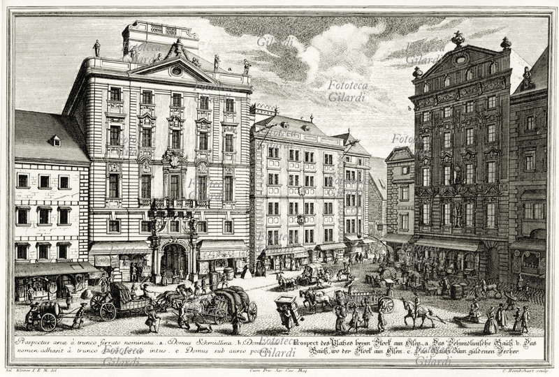 VIENNA veduta di una piazza cittadina. Salomon Kleiner (1703 - 1761), incisione del XVIII secolo