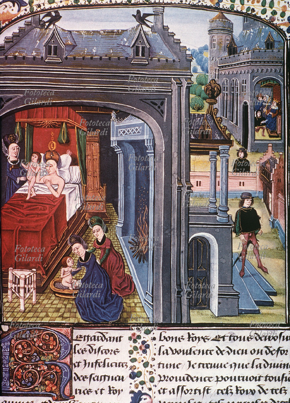 ALESSANDRO MAGNO (356-323 a.C.) La nascita di Alessandro raffigurata come fosse avvenuta in tempo medievale. Figlio di Filippo II di Macedonia, educato da Aristotele, salì al trono nel 336 a.C. Miniatura del XV secolo.