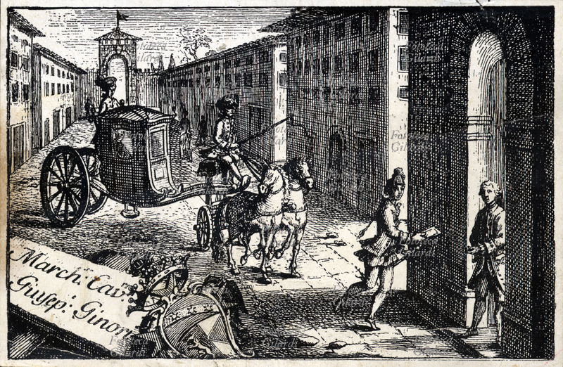 POSTA consegna di una lettera arrivata con una delle prime diligenze postali. In basso a sinistra un cartiglio e lo stemma del Marchese cavalier Giuseppe Ginori. Italia XVIII secolo