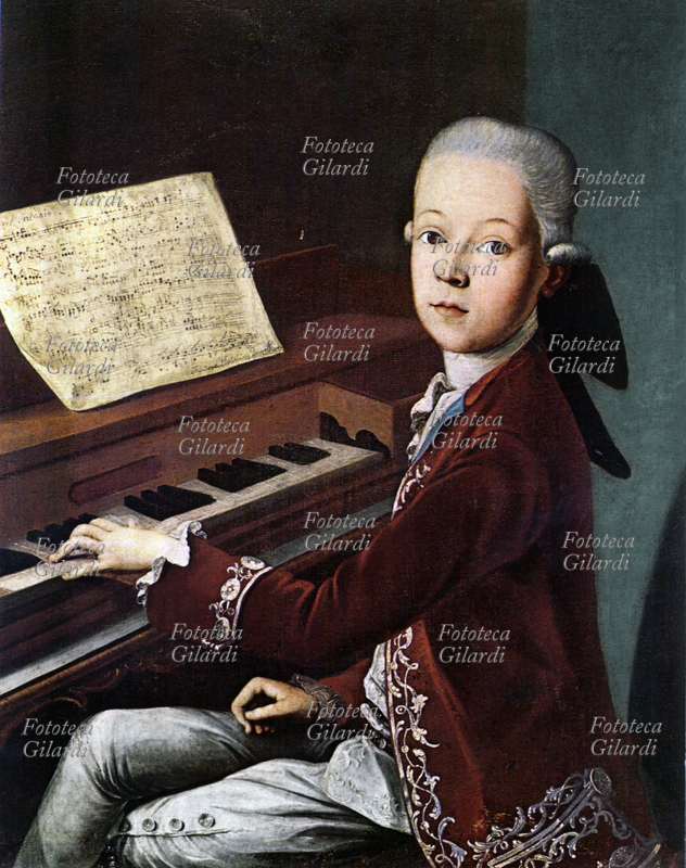 Wolfgang Amadeus MOZART (1756-1791) ritratto a undici anni, seduto davanti al clavicembalo. Stampa dal dipinto di Taddeo Helbling, conservato al Mozarteum di Salisburgo, considerato uno dei più assomiglianti al giovane musicista, XVIII secolo.