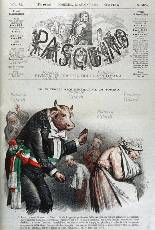 ELEZIONI amministrative a Torino. "Il Toro, ristucco di veder la Nonna (G. del Popolo) che da troppo tempo abusava della sua pazienza col non ammettere per liberali che i membri della sua converticola, gabellare ora per liberali i candidati che aveva sempre combattuto come clericali... e donna Tentenna (G. piemontese) accapigliarsi con esse e batter la compagna, picchia giù botte da orbi con grande compiacenza della Gran Badessa (l\