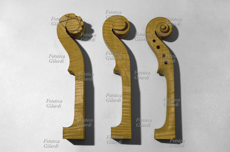 LIUTERIA vetrina didattica che illustra la costruzione di un violino: la progressione della scultura del ricciolo e del cavigliere alla sommità del manico, tradizionalmente intagliato in acero. Museo della "Foresta Demaniale di Paneveggio", la "foresta dei violini". Nella fascia fra i 1500 e i 1900 metri di altitudine del Parco naturale Paneveggio-Pale di San Martino, la vegetazione è costituita in altissima percentuale di abete rosso; qui si trovano gli "abeti di risonanza", alberi il cui legno ha caratteristiche ideali per la costruzione di strumenti ad arco. Fotografia di Elena Piccini, Italia, agosto 2013