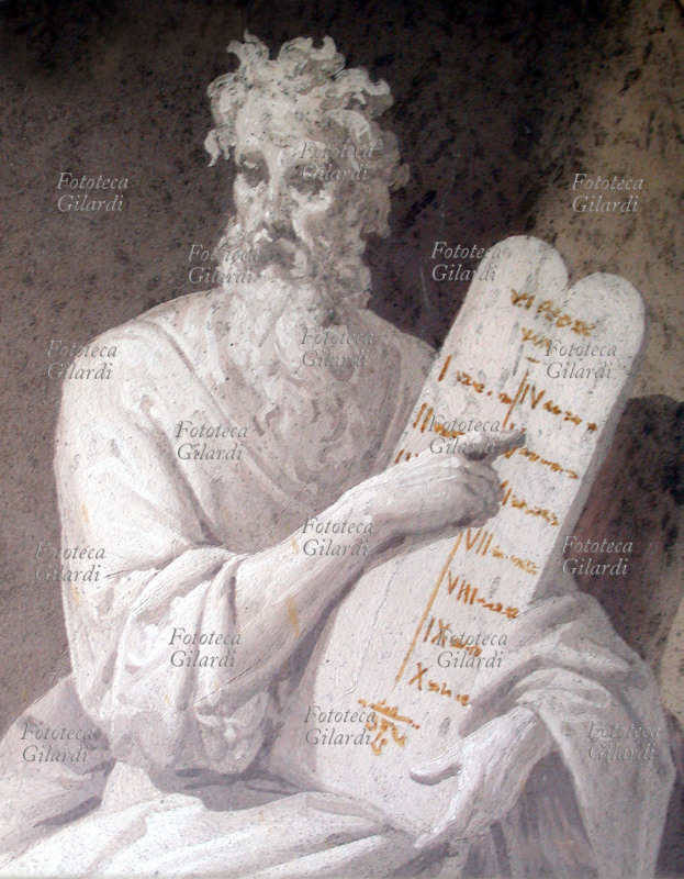 MOSÈ con le Tavole della Legge contenenti il Decalogo. Affresco votivo devozionale di anonimo. Malesco, (Verbano-Cusio-Ossola), XVIII secolo.