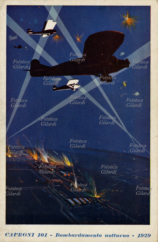 CAPRONI 101 Bombardamento notturno, 1929. Monoplano trimotore da bombardamento. Cartolina di propaganda, disegno di Ferrari. Edizioni d\