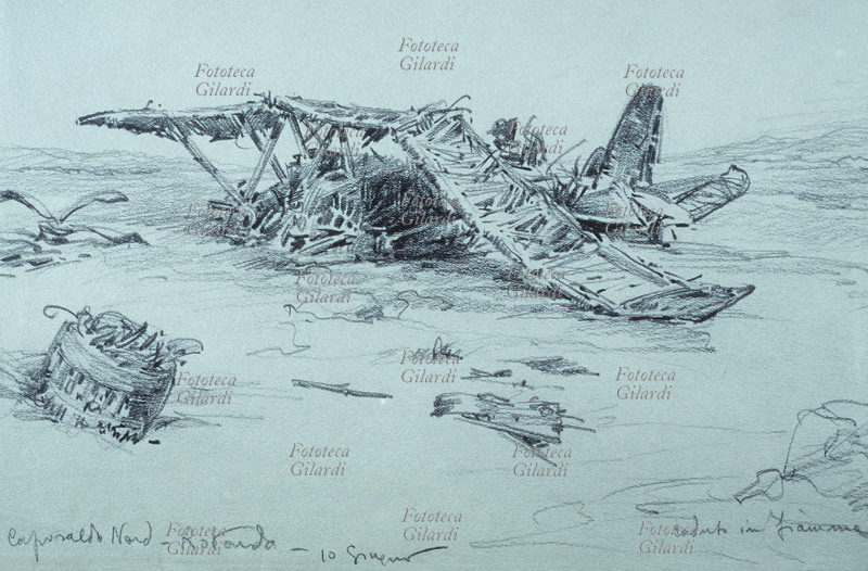 SECONDA GUERRA MONDIALE caposaldo Nord. Rotonda, 10 giugno: aereo caduto in fiamme. Schizzo a matita dalla raccolta personale di ricordi del pittore acquarellista e illustratore italiano Gerolamo Bartoletti (9 gennaio 1893 - 1962), intitolata \