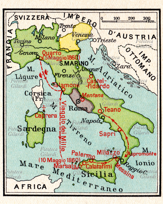 CARTOGRAFIA La spedizione dei Mille nel 1860, per la conquista del Regno delle Due Sicilie ai Borbone e la proclamazione del Regno d\