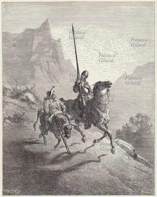 Miguel de CERVANTES SAAVEDRA (1547-1616) Don Chisciotte e Sancio Panza. Incisione di Gustave Doré per una edizione illustrata dell\