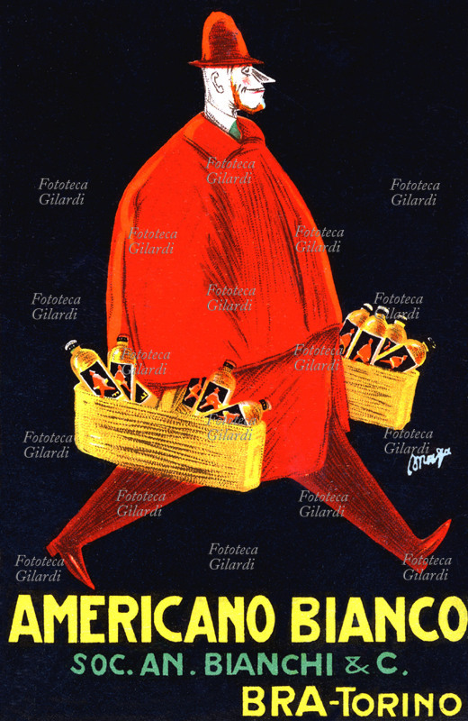 POSTER An imposing figure dressed in red carries two baskets filled with bottles of the aperitif \