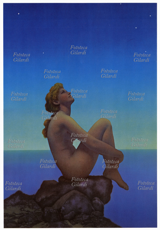 Maxfield PARRISH (1870-1966] Stars, (1926). Giovane donna seduta sul bordo di uno scoglio guarda verso uno splendido cielo stellato, sul mare. Stampa litografica, Usa 1926