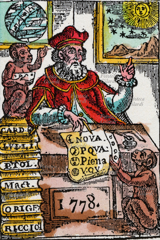 ASTROLOGIA Astrologo che osserva la luna per poter trascrivere le fasi lunari sul suo calendario. Due scimmiette lo aiutano reggendo gli strumenti. Xilografia. Frontespizio di un almanacco popolare, Italia 1778.