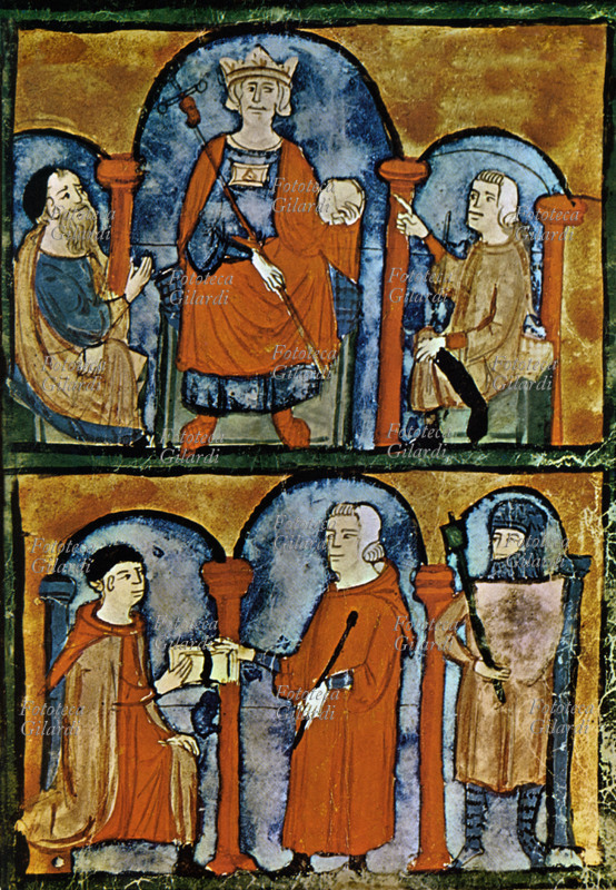 FEDERICO II HOHENSTAUFEN (1194-1250) in trono; nipote di Federico Barbarossa dalla parte del padre Enrico VI e di Ruggero II di Sicilia, per via della madre Costanza d\