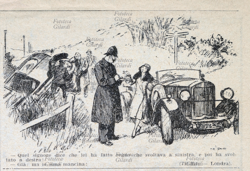 CARICATURA che prende di mira la proverbiale guida pericolosa delle donne; \