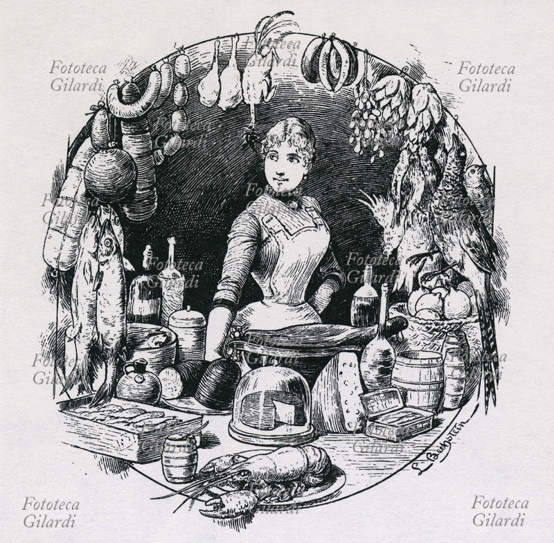 ALIMENTAZIONE Composizione con tutti i generi alimentari, in primo piano formaggi e crostacei ed al centro una giovane cuoca. Incisione decorativa da un Menu della metà del XIX secolo.