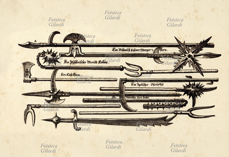 CONTADINI Guerra dei contadini, le armi usate dai contadini durante la rivolta: un misto tra le armi convenzionali e gli attrezzi rurali. Incisione, dettaglio da foglio volante, Germania 1524 - 1525