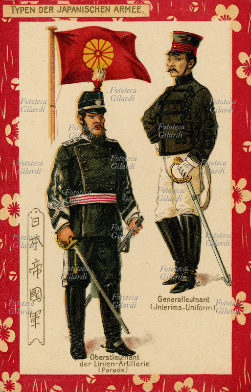 UNIFORMI Giappone: colonnello di artiglieria di linea e generale in uniforme da parata. Cromolitografia, Germania 1900