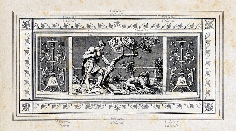 ULISSE di ritorno ad Itaca, con il suo cane Argo Incisione da una edizione tedesca illustrata del poema di Omero (VIII sec. a.C.). Lipsia 1872